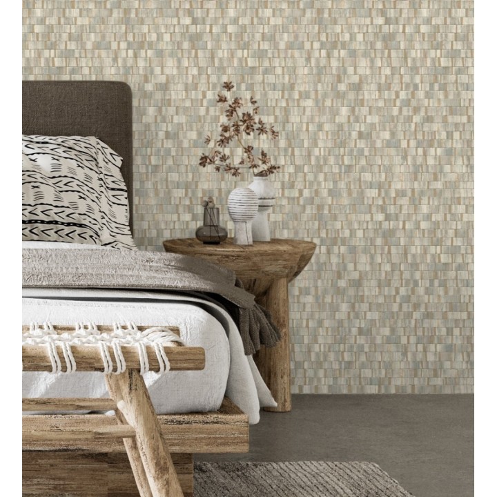 Papel pintado mosaico tonos verdes efecto madera con vetas doradas - Nantes Stone 679374