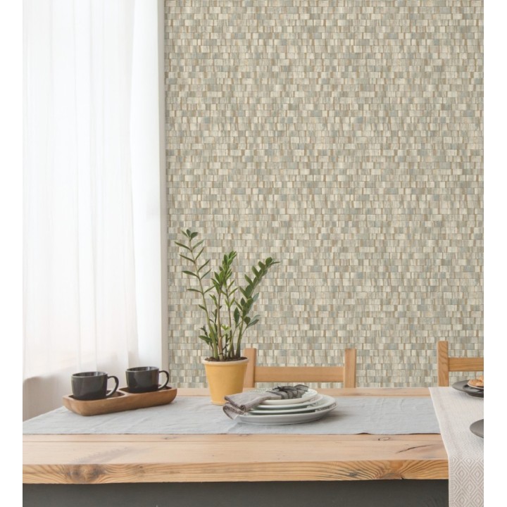 Papel pintado mosaico tonos verdes efecto madera con vetas doradas - Nantes Stone 679374
