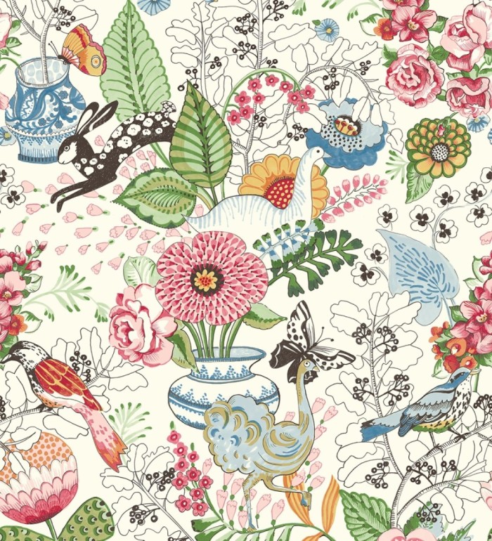 Papel pintado romántico con mariposas conejos y ocas - Sophie Blossom 679375