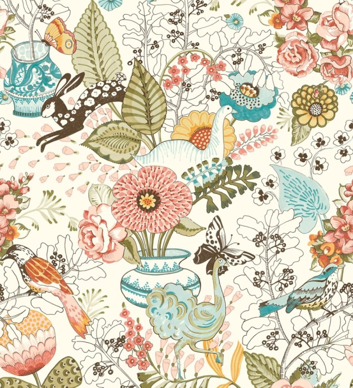 Papel pintado romántico con mariposas conejos y ocas - Sophie Blossom 679376