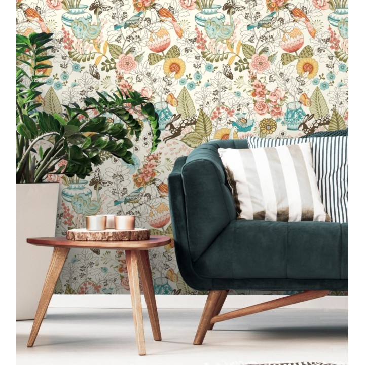 Papel pintado romántico con mariposas conejos y ocas - Sophie Blossom 679376