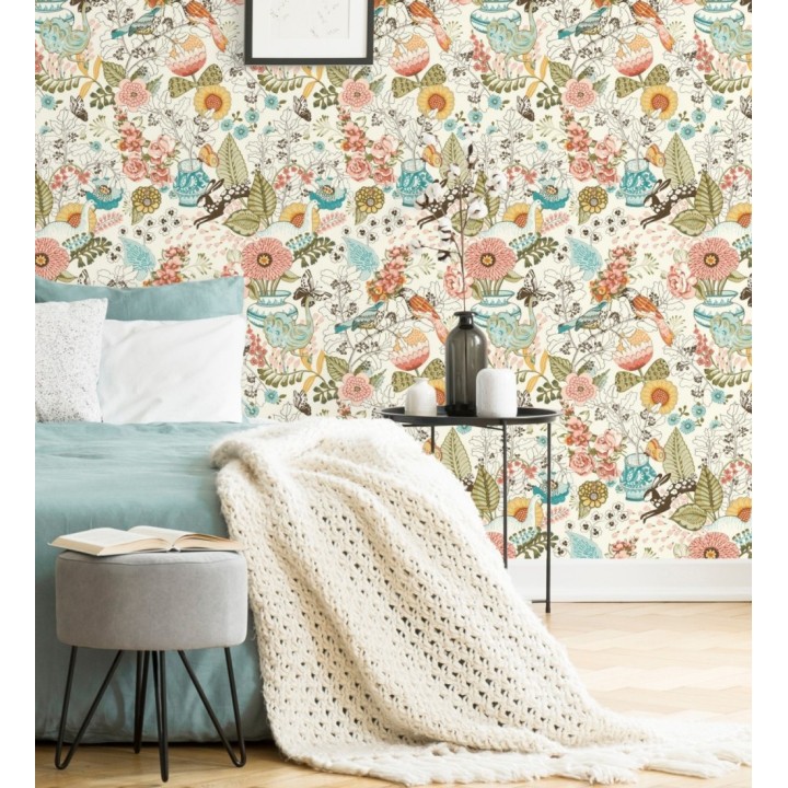 Papel pintado romántico con mariposas conejos y ocas - Sophie Blossom 679376