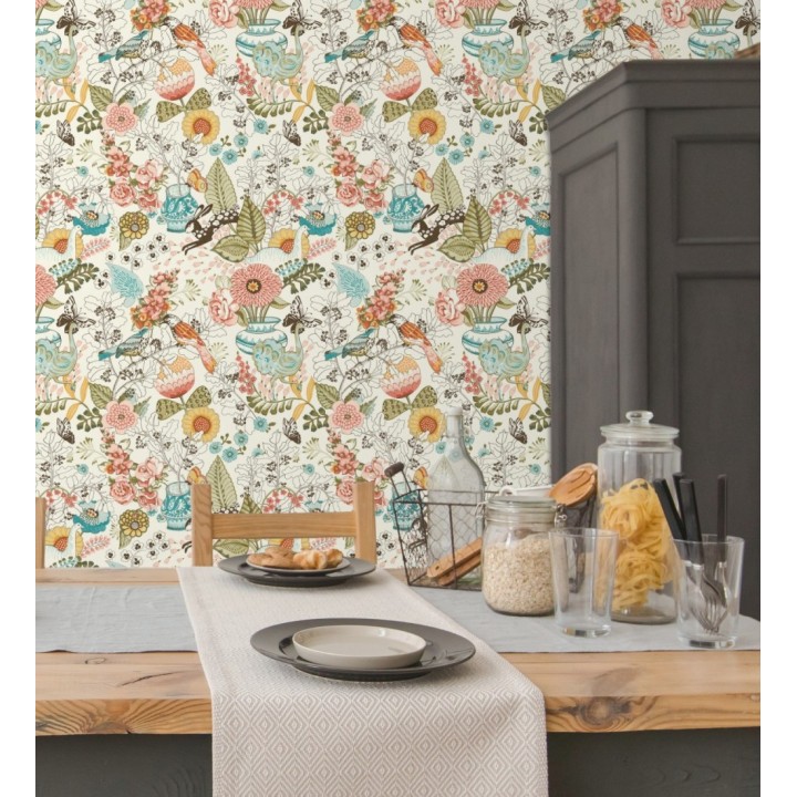 Papel pintado romántico con mariposas conejos y ocas - Sophie Blossom 679376