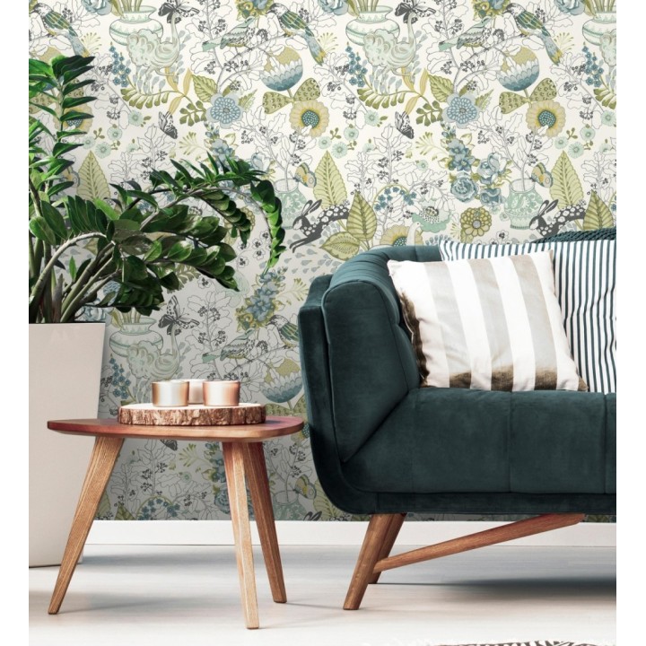 Papel pintado romántico con mariposas conejos y ocas - Sophie Blossom 679377