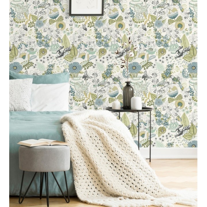 Papel pintado romántico con mariposas conejos y ocas - Sophie Blossom 679377