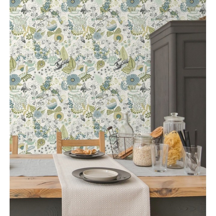 Papel pintado romántico con mariposas conejos y ocas - Sophie Blossom 679377