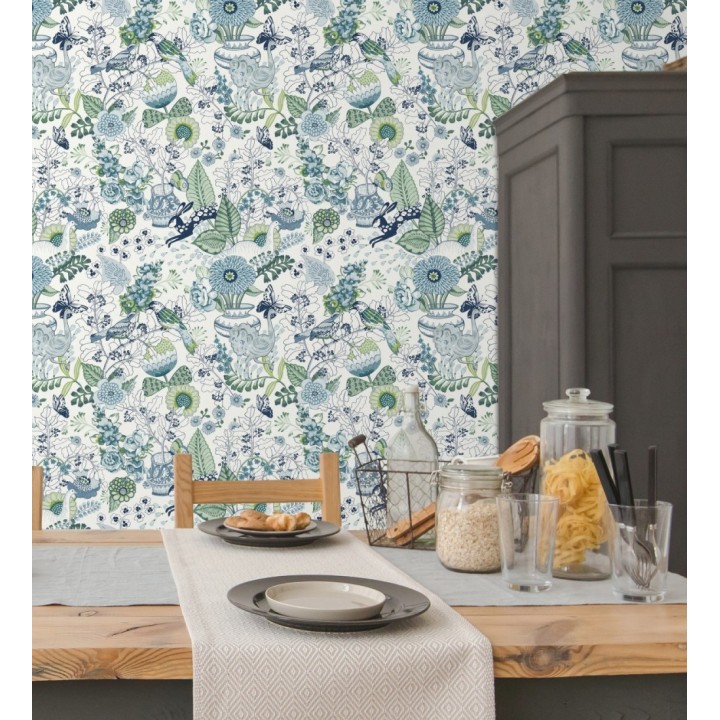 Papel pintado romántico con mariposas conejos y ocas - Sophie Blossom 679378