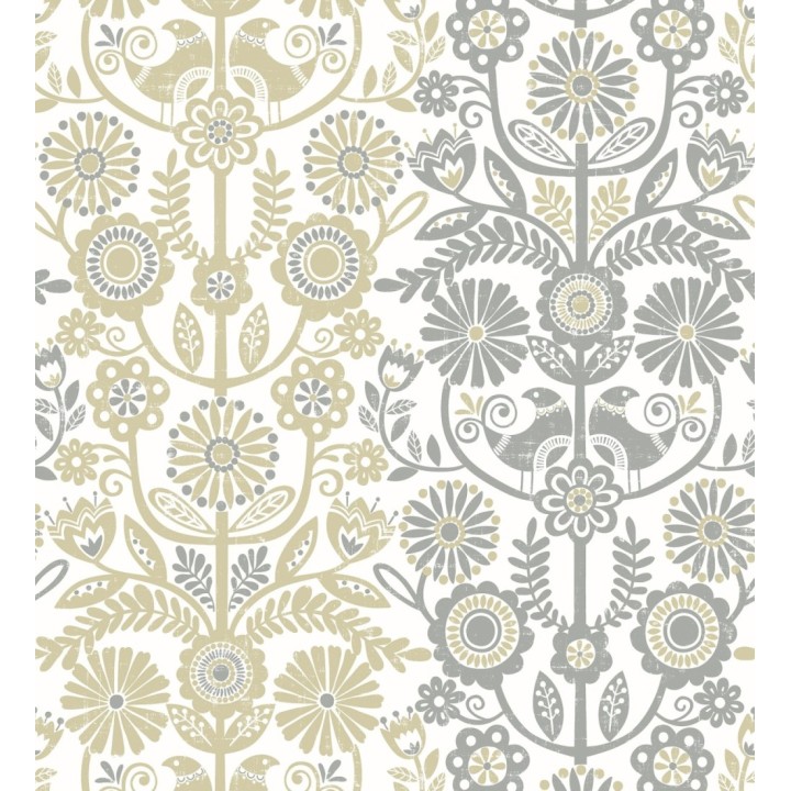 Papel pintado nórdico de flores formando rayas ocres y grises - Canterbury 679396