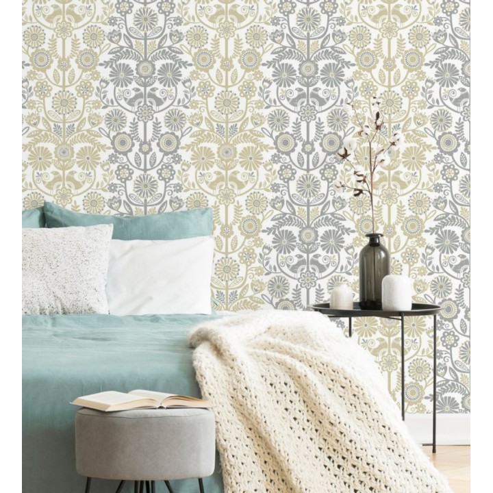 Papel pintado nórdico de flores formando rayas ocres y grises - Canterbury 679396