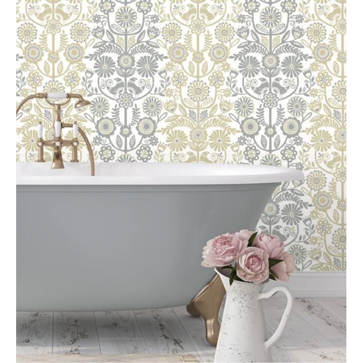 Papel pintado nórdico de flores formando rayas ocres y grises - Canterbury 679396