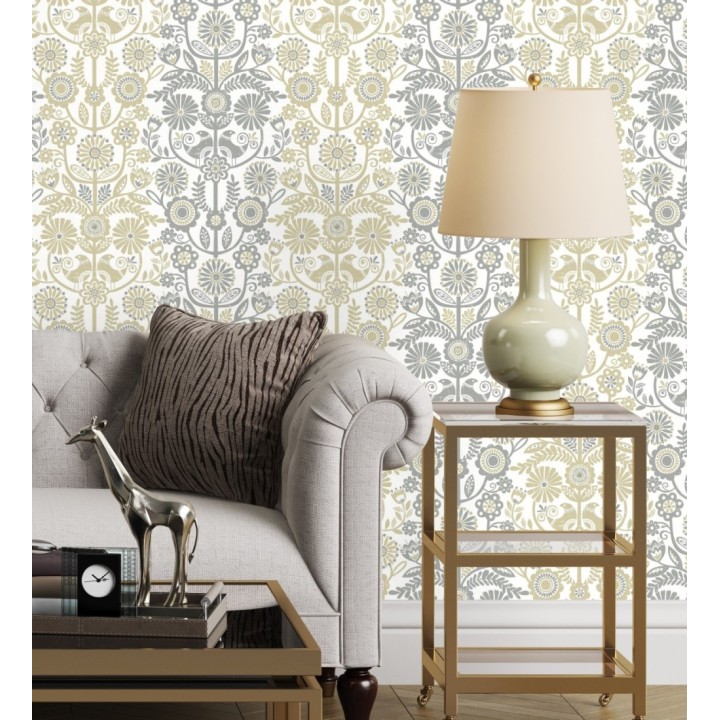 Papel pintado nórdico de flores formando rayas ocres y grises - Canterbury 679396