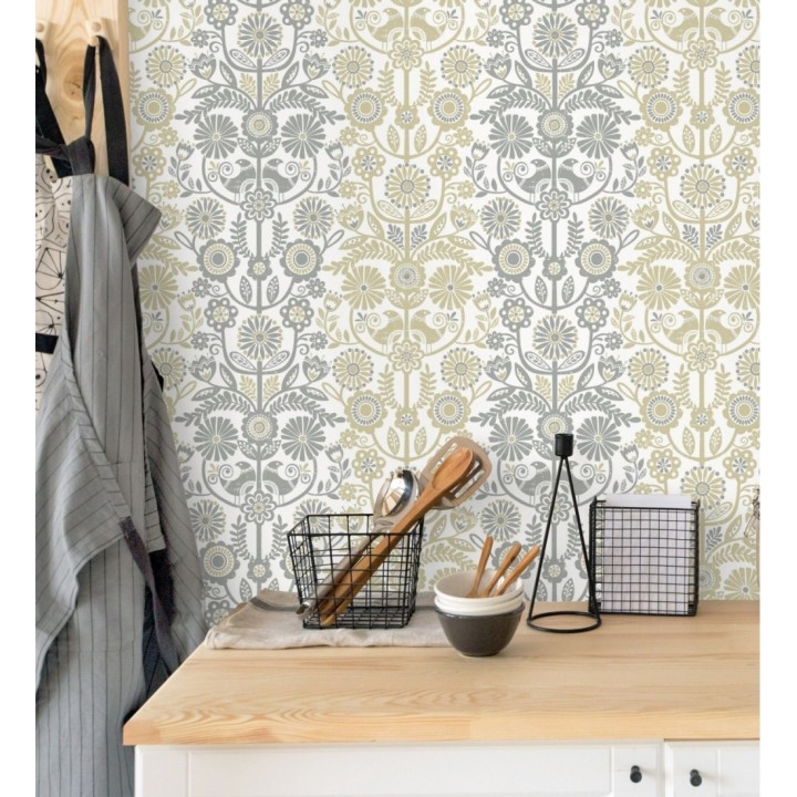 Papel pintado nórdico de flores formando rayas ocres y grises - Canterbury 679396