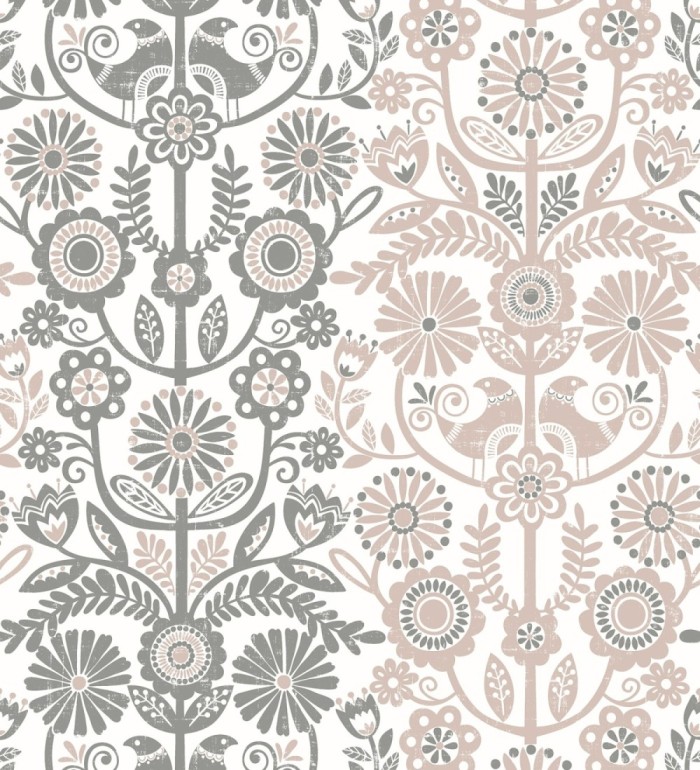 Papel pintado nórdico de flores formando rayas grises y rosa palo - Canterbury 679397