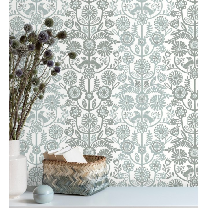 Papel pintado nórdico de flores formando rayas celestes y grises - Canterbury 679399