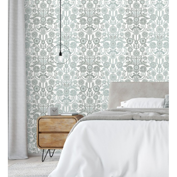 Papel pintado nórdico de flores formando rayas celestes y grises - Canterbury 679399