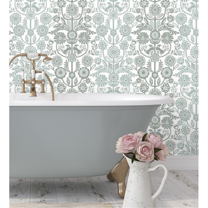 Papel pintado nórdico de flores formando rayas celestes y grises - Canterbury 679399