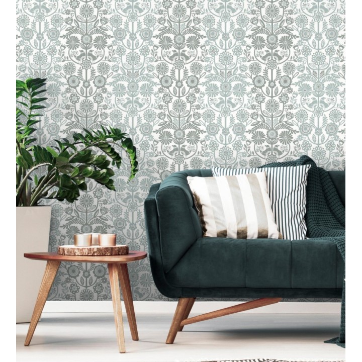 Papel pintado nórdico de flores formando rayas celestes y grises - Canterbury 679399