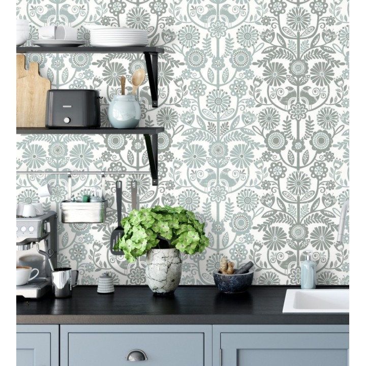 Papel pintado nórdico de flores formando rayas celestes y grises - Canterbury 679399