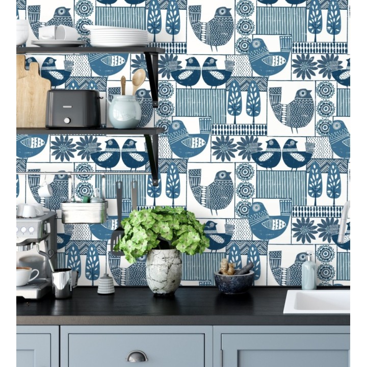 Papel pintado de gallinas y árboles con estilo nórdico - Scandi Birds 679405