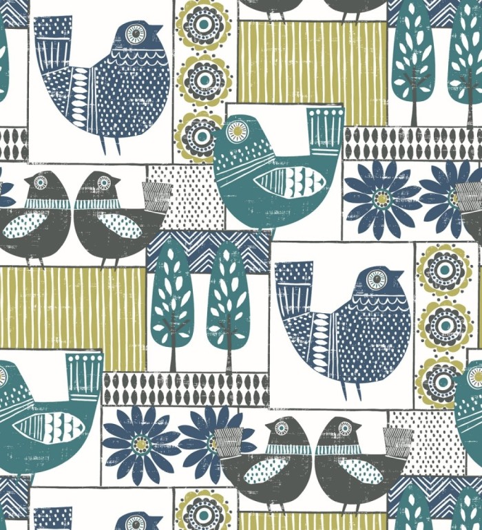 Papel pintado de gallinas y árboles con estilo nórdico - Scandi Birds 679406