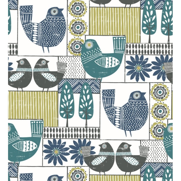 Papel pintado de gallinas y árboles con estilo nórdico - Scandi Birds 679406