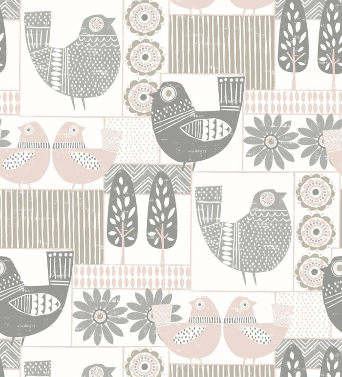 Papel pintado de gallinas y árboles con estilo nórdico - Scandi Birds 679407
