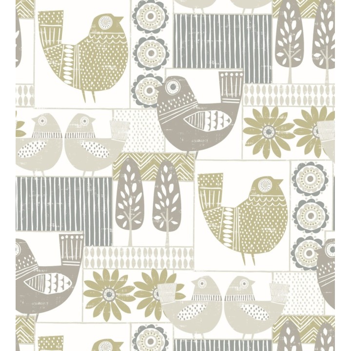 Papel pintado de gallinas y árboles con estilo nórdico - Scandi Birds 679408
