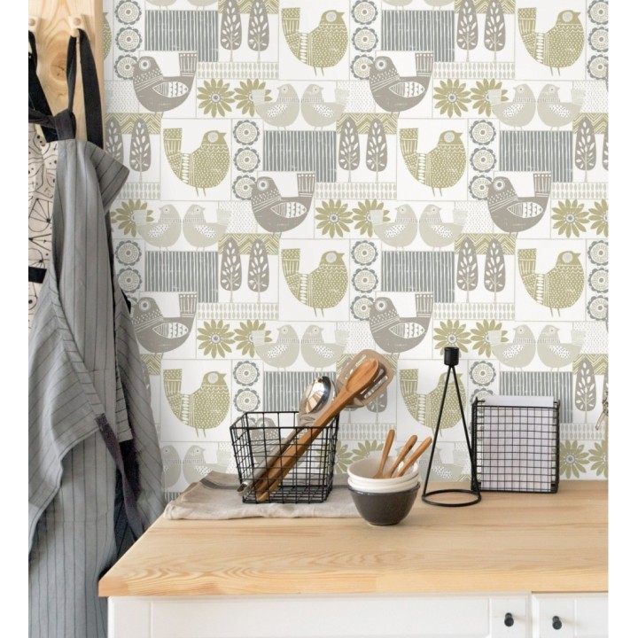 Papel pintado de gallinas y árboles con estilo nórdico - Scandi Birds 679408