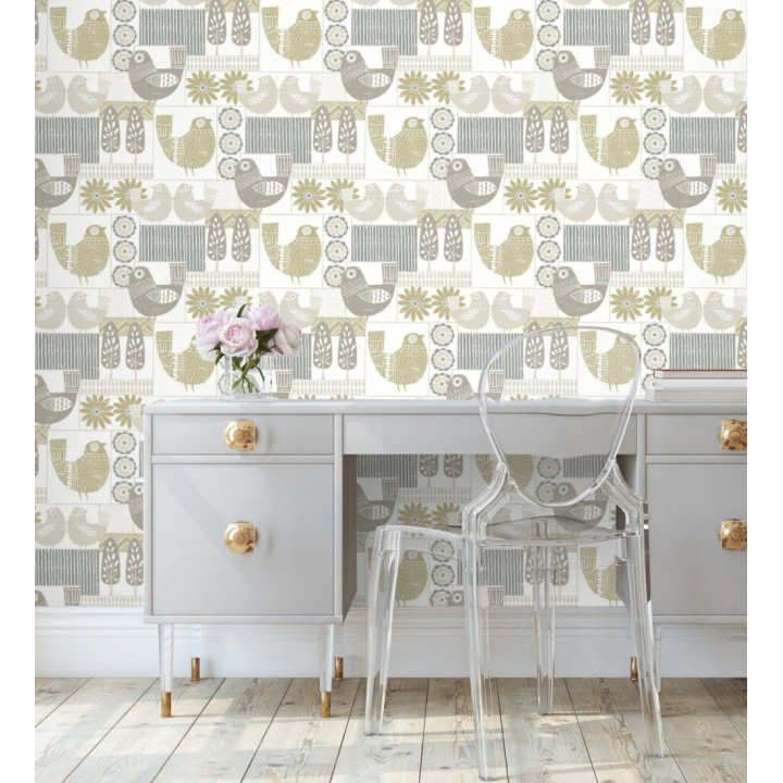 Papel pintado de gallinas y árboles con estilo nórdico - Scandi Birds 679408