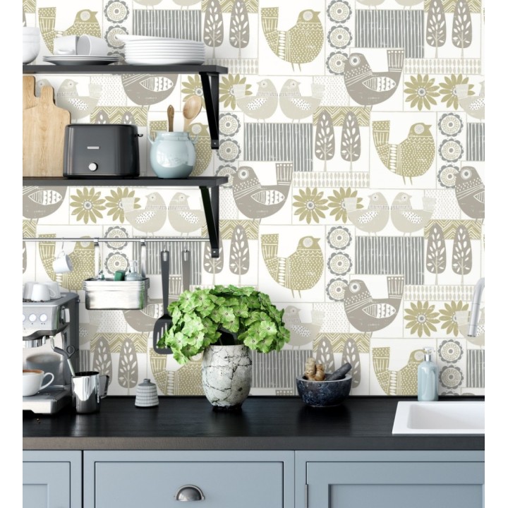 Papel pintado de gallinas y árboles con estilo nórdico - Scandi Birds 679408