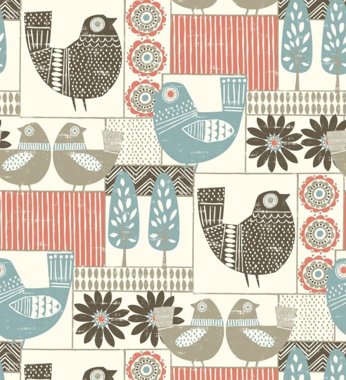 Papel pintado de gallinas y árboles con estilo nórdico - Scandi Birds 679409