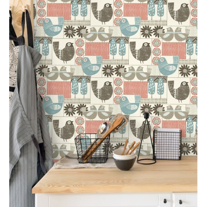 Papel pintado de gallinas y árboles con estilo nórdico - Scandi Birds 679409