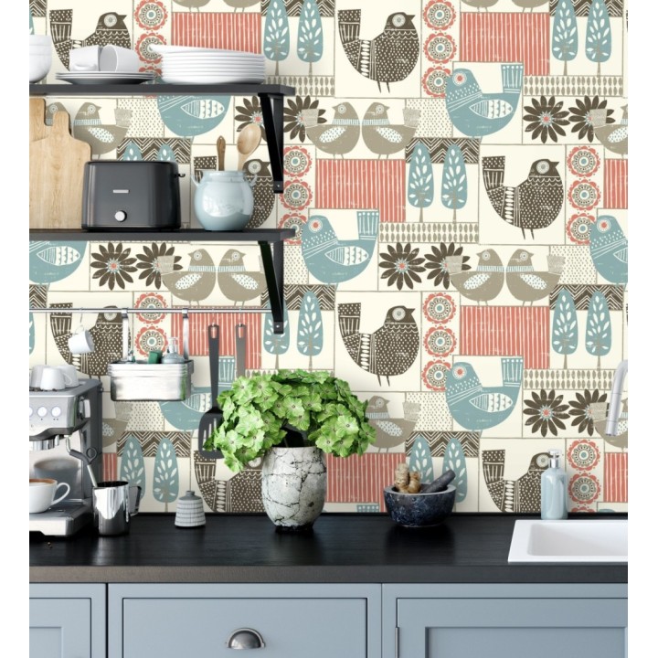 Papel pintado de gallinas y árboles con estilo nórdico - Scandi Birds 679409