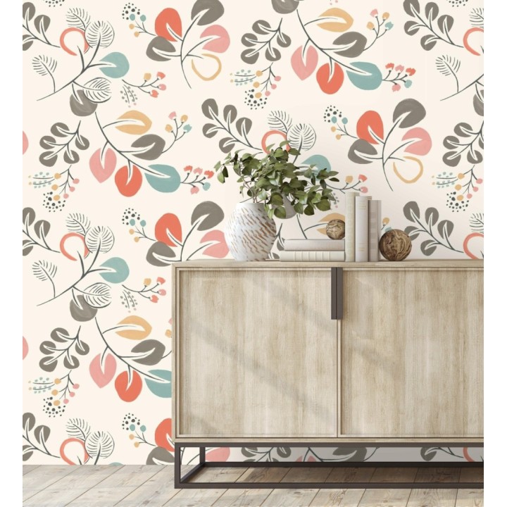 Papel pintado hojas estilo nórdico tonos coral - Blossom Hall 679414