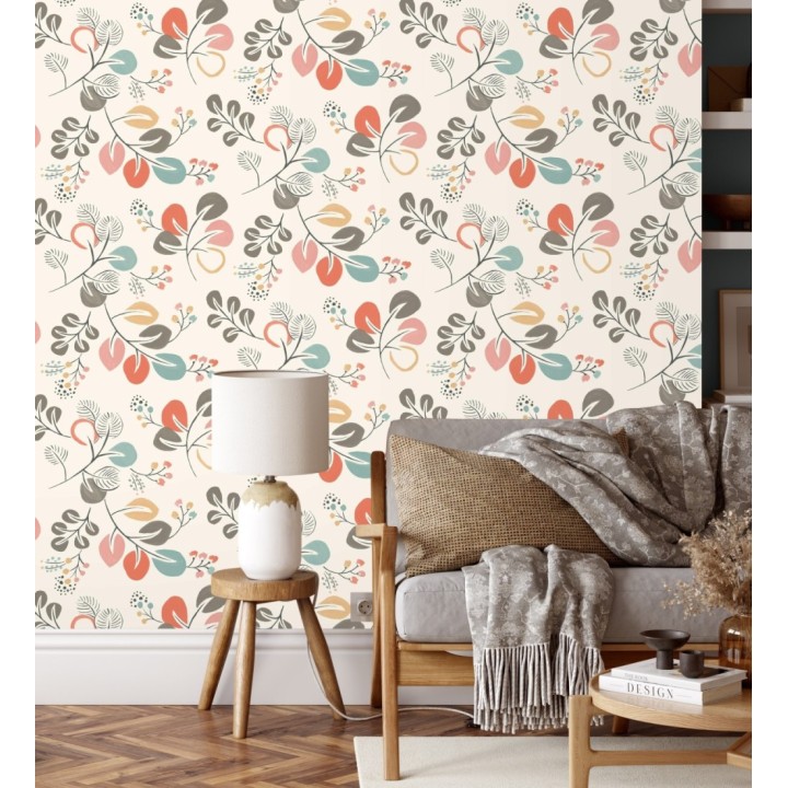 Papel pintado hojas estilo nórdico tonos coral - Blossom Hall 679414