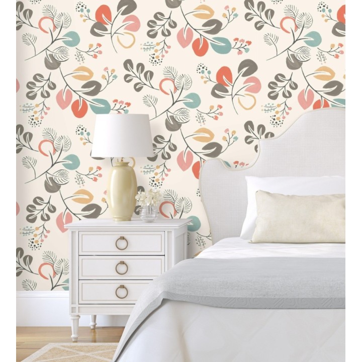 Papel pintado hojas estilo nórdico tonos coral - Blossom Hall 679414