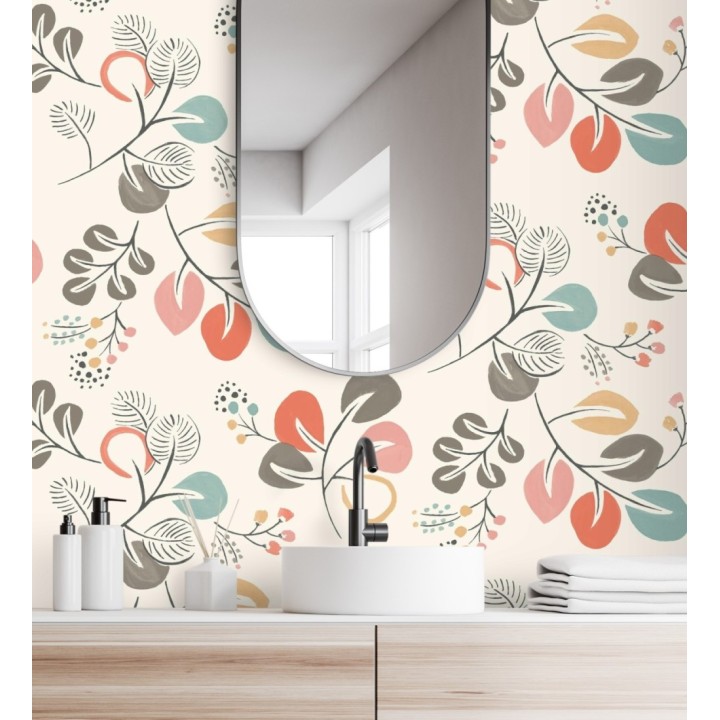 Papel pintado hojas estilo nórdico tonos coral - Blossom Hall 679414