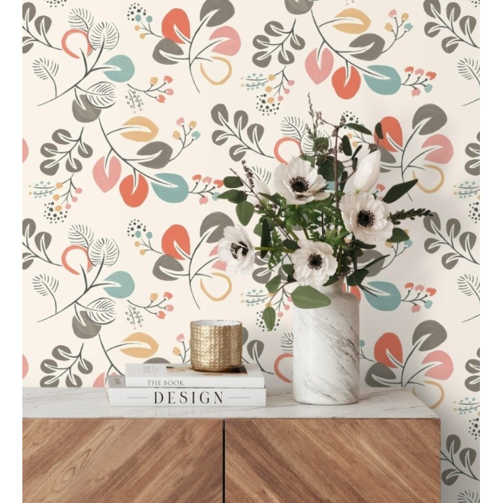 Papel pintado hojas estilo nórdico tonos coral - Blossom Hall 679414