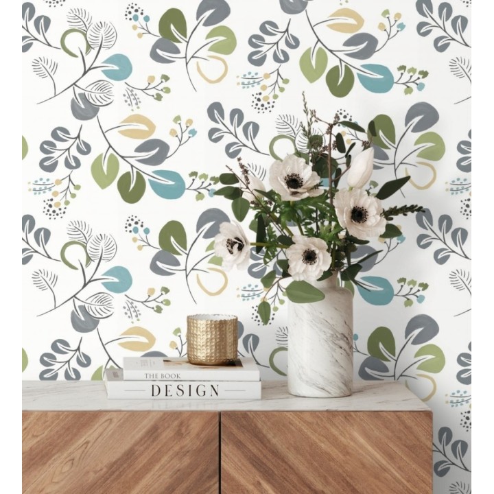 Papel pintado hojas estilo nórdico tonos verdes - Blossom Hall 679415