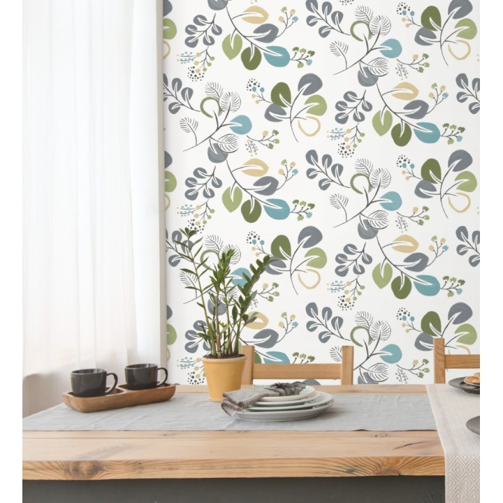 Papel pintado hojas estilo nórdico tonos verdes - Blossom Hall 679415