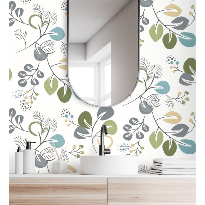 Papel pintado hojas estilo nórdico tonos verdes - Blossom Hall 679415