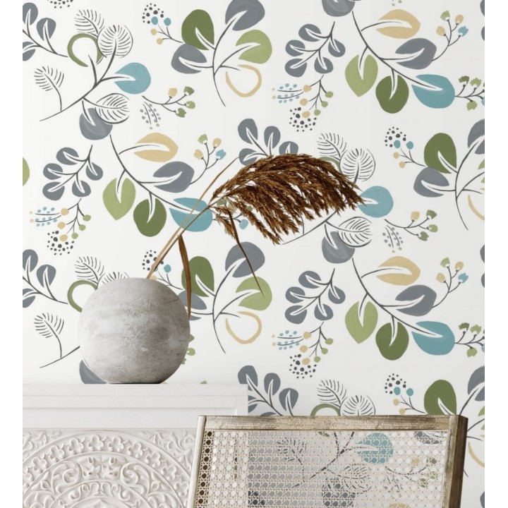 Papel pintado hojas estilo nórdico tonos verdes - Blossom Hall 679415