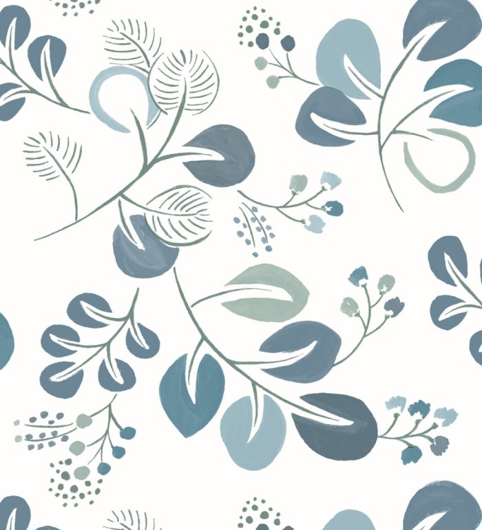 Papel pintado hojas estilo nórdico tonos celeste - Blossom Hall 679416