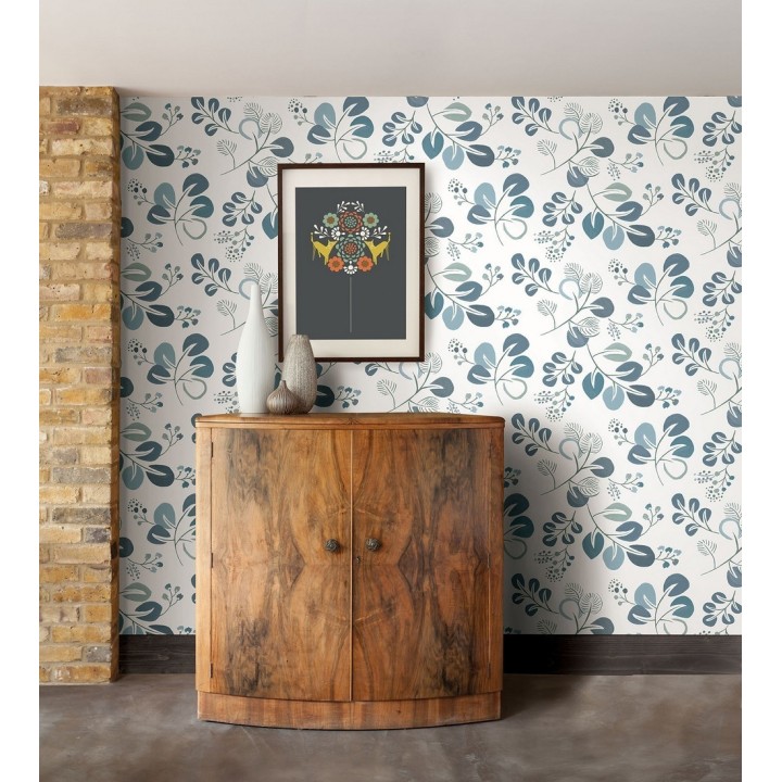 Papel pintado hojas estilo nórdico tonos celeste - Blossom Hall 679416