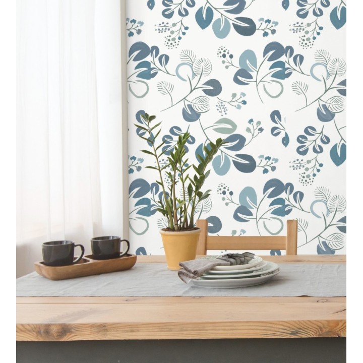 Papel pintado hojas estilo nórdico tonos celeste - Blossom Hall 679416