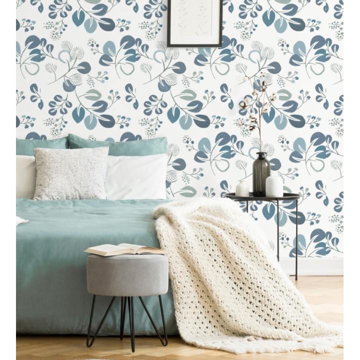 Papel pintado hojas estilo nórdico tonos celeste - Blossom Hall 679416