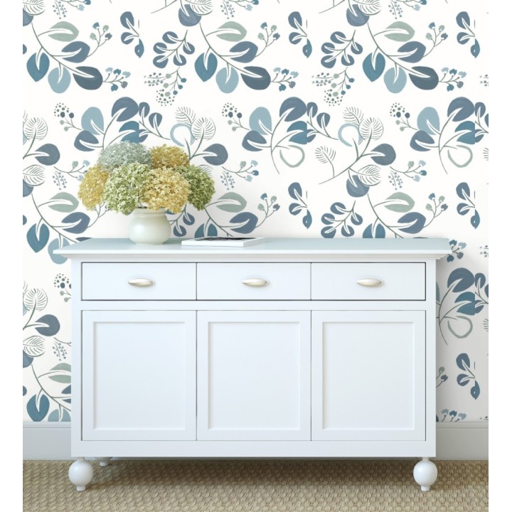 Papel pintado hojas estilo nórdico tonos celeste - Blossom Hall 679416