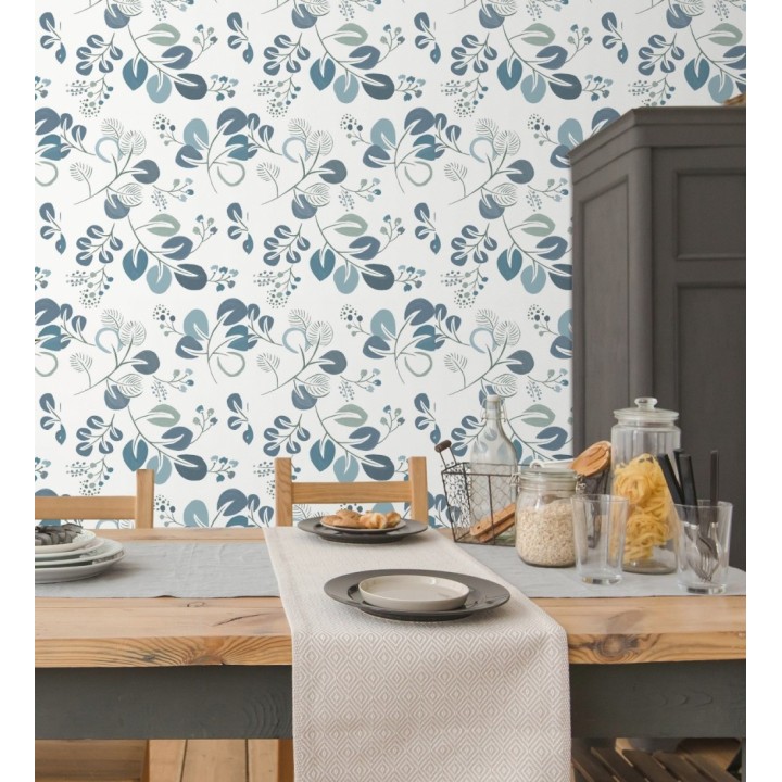 Papel pintado hojas estilo nórdico tonos celeste - Blossom Hall 679416