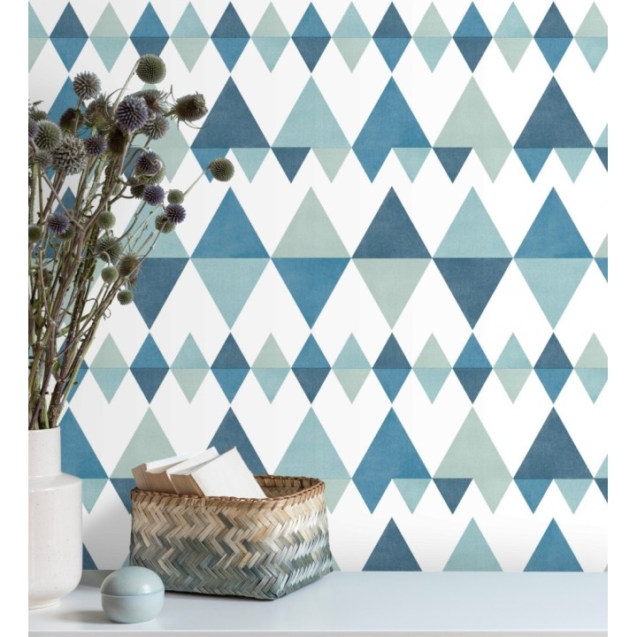Papel pintado rombos y triángulos estilo nórdico tonos azules y turquesas - Hans Metrix 679421