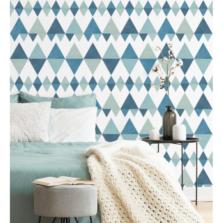 Papel pintado rombos y triángulos estilo nórdico tonos azules y turquesas - Hans Metrix 679421